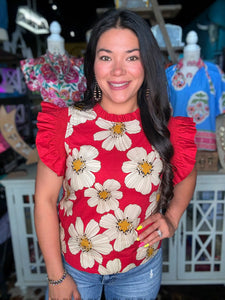 Red Floral Ruffle Top