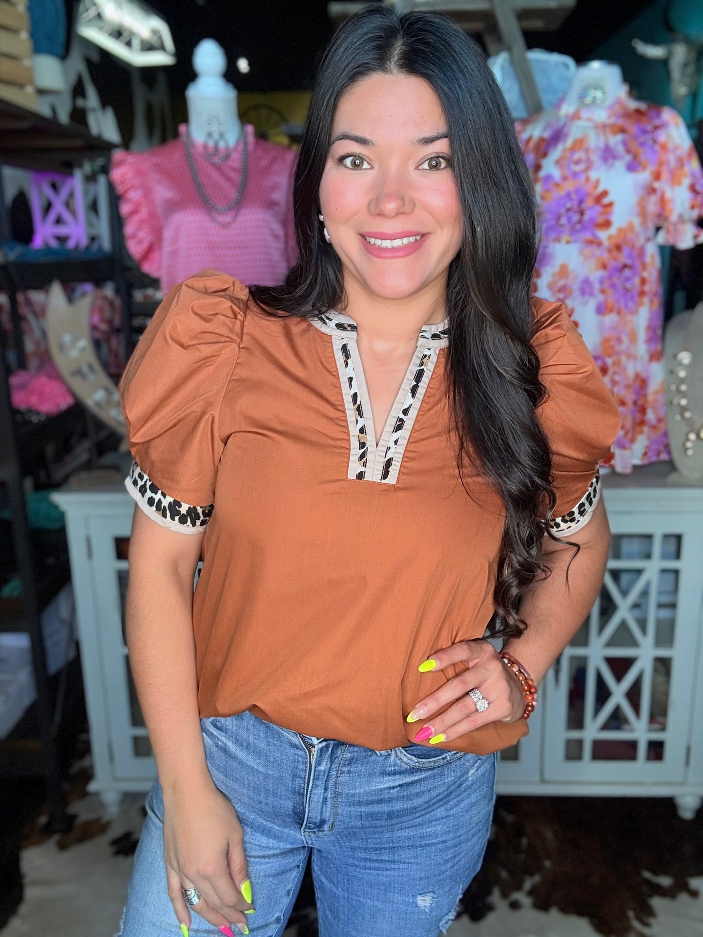 Saddle Leopard V Neck Top