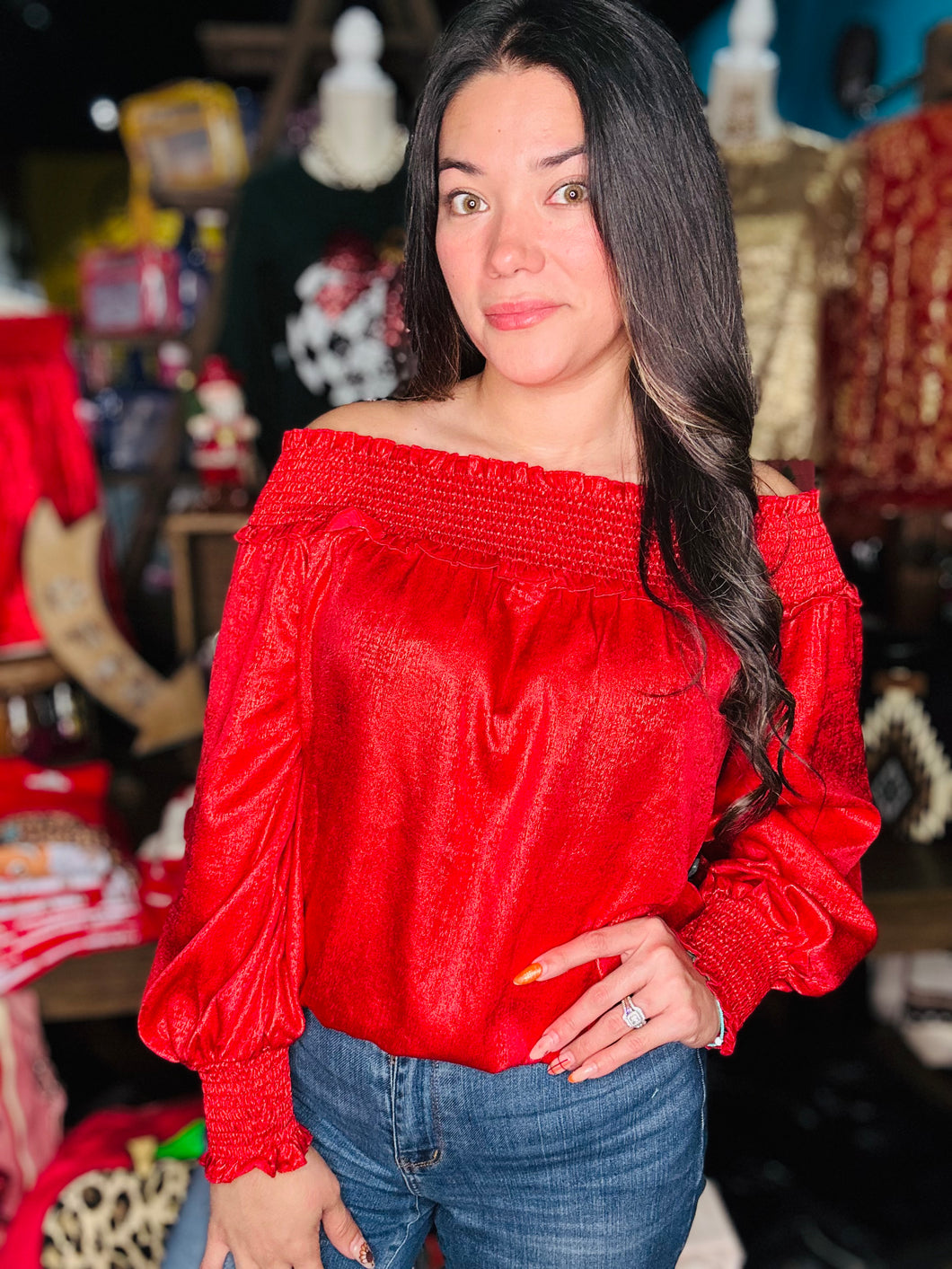 Metallic Red Off the Shoulder Top