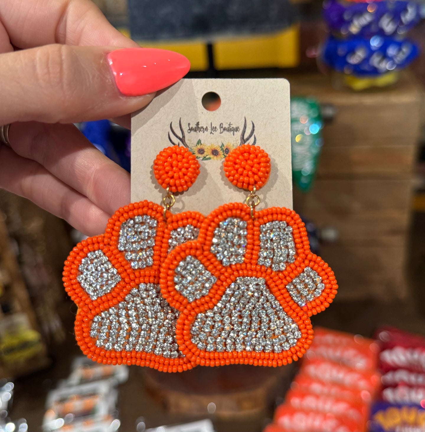 Rhinestone Paw Earrings - Orange