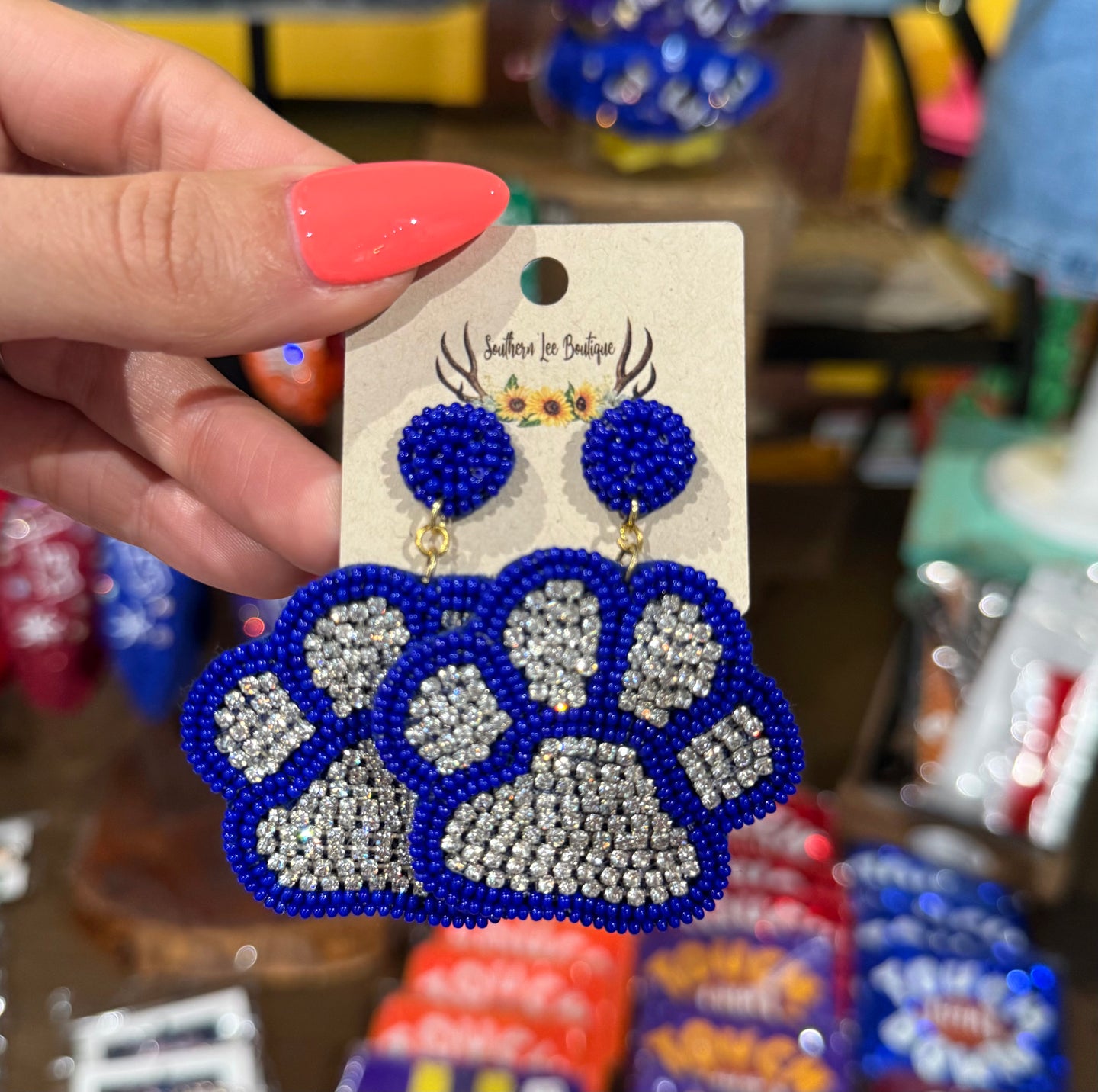 Rhinestone Paw Earrings- Blue