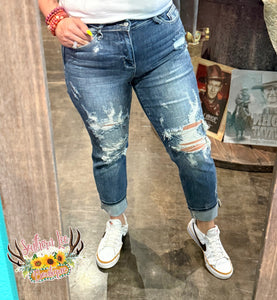 Lucy Mid Rise Distressed Cuffed Boyfriend Jeans